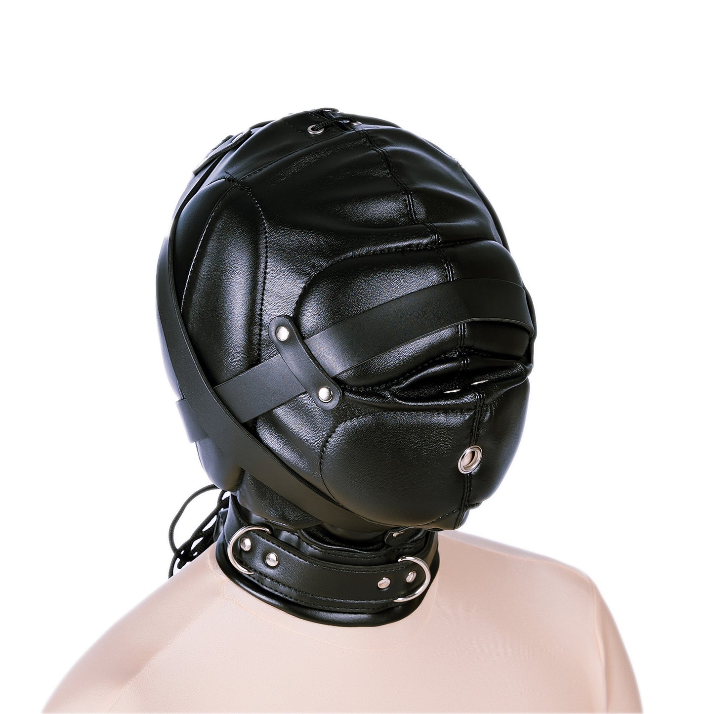 Leather Bondage Hood with Lockable Strap and Collar