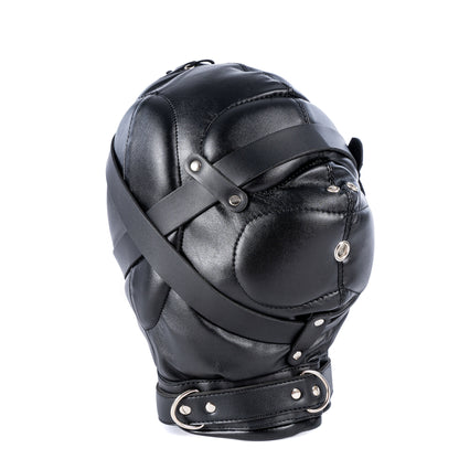 Leather Bondage Hood with Lockable Strap and Collar