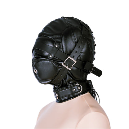 Leather Bondage Hood with Lockable Strap and Collar