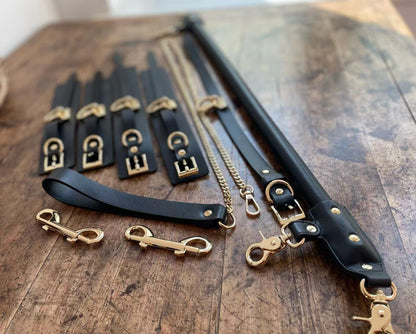 Genuine Leather Spreader Bar & Cuffs Set | Leather-Wrapped Bondage Bar with Wrist, Ankle Cuffs & Collar for Couples
