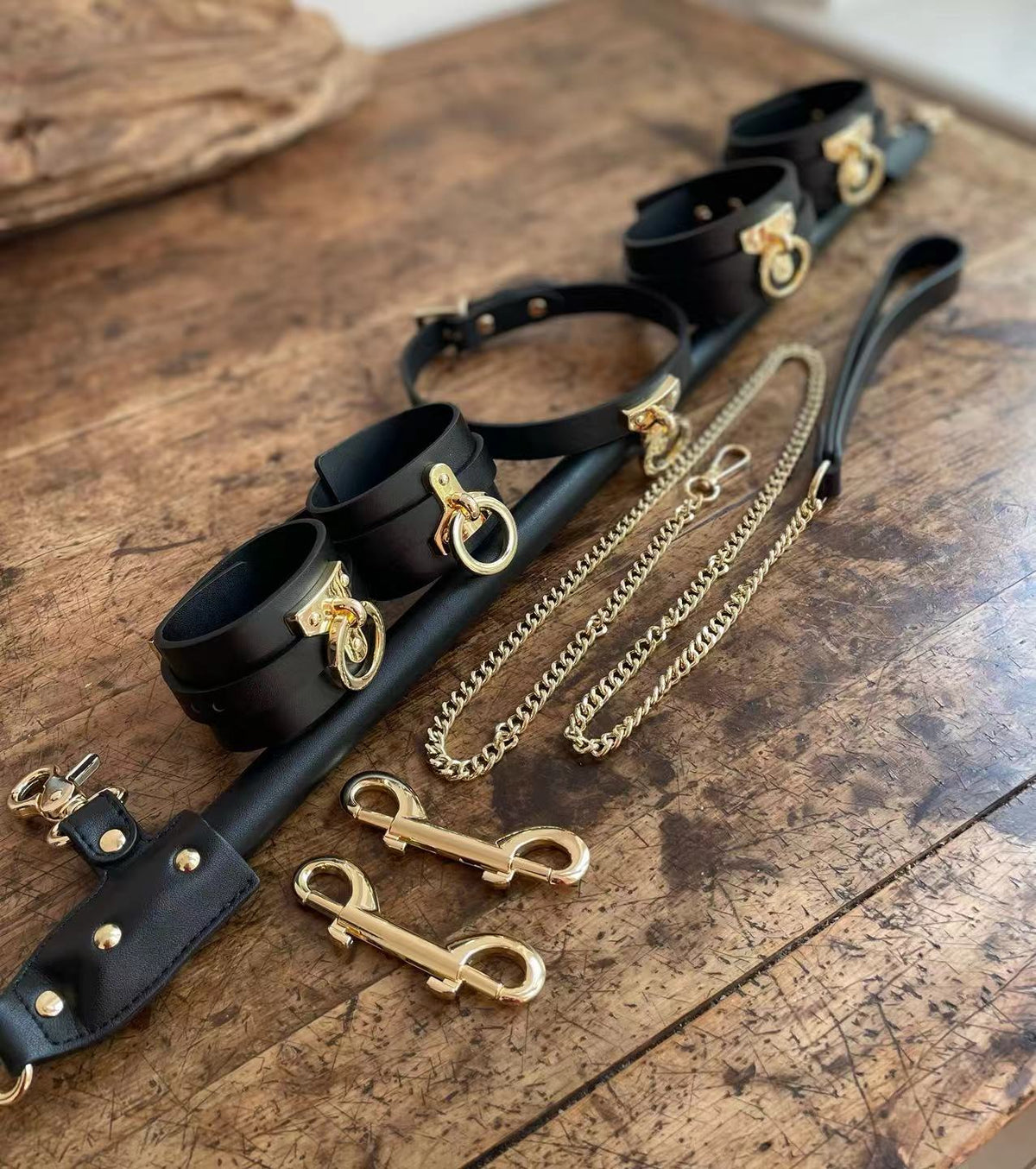 Genuine Leather Spreader Bar & Cuffs Set | Leather-Wrapped Bondage Bar with Wrist, Ankle Cuffs & Collar for Couples