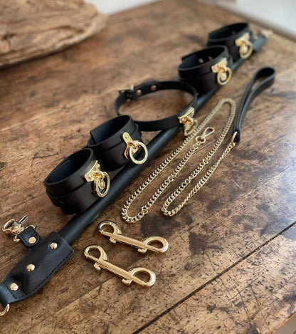 Genuine Leather Spreader Bar & Cuffs Set | Leather-Wrapped Bondage Bar with Wrist, Ankle Cuffs & Collar for Couples