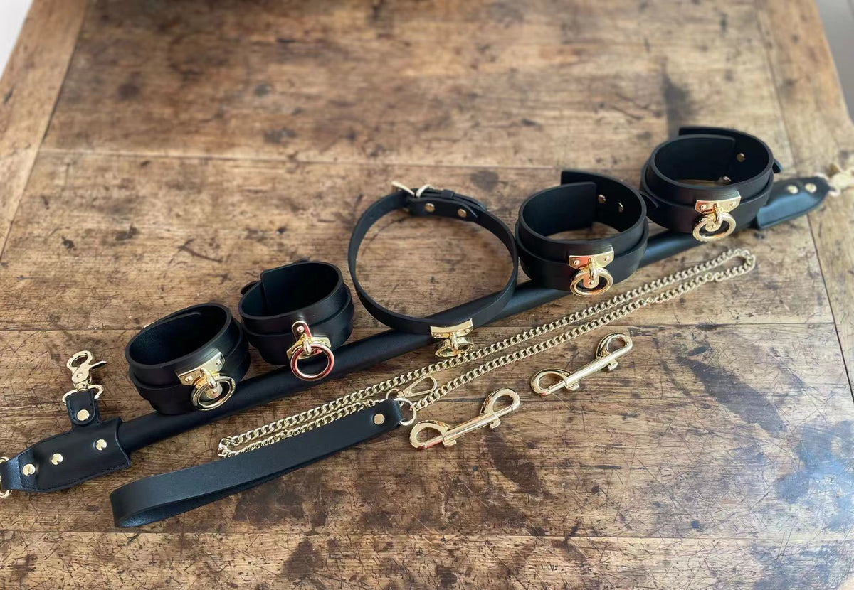 Genuine Leather Spreader Bar & Cuffs Set | Leather-Wrapped Bondage Bar with Wrist, Ankle Cuffs & Collar for Couples