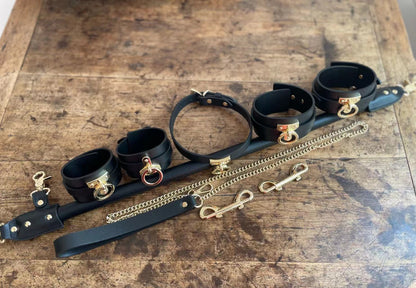 Genuine Leather Spreader Bar & Cuffs Set | Leather-Wrapped Bondage Bar with Wrist, Ankle Cuffs & Collar for Couples