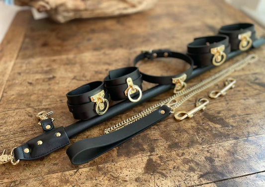 Genuine Leather Spreader Bar & Cuffs Set | Leather-Wrapped Bondage Bar with Wrist, Ankle Cuffs & Collar for Couples