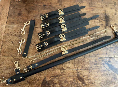 Genuine Leather Spreader Bar & Cuffs Set | Leather-Wrapped Bondage Bar with Wrist, Ankle Cuffs & Collar for Couples