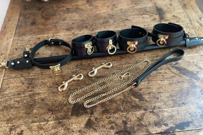 Genuine Leather Spreader Bar & Cuffs Set | Leather-Wrapped Bondage Bar with Wrist, Ankle Cuffs & Collar for Couples