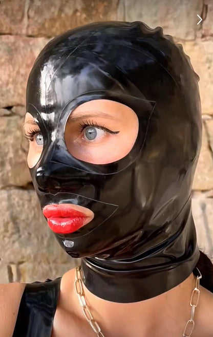polished black rubber latex full head hood with open eye nose and mouth cutouts profile view