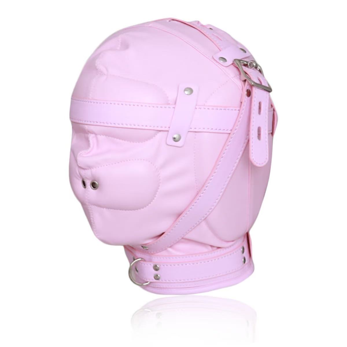 Lockable Leather Bondage Hood Pink Sex Mask