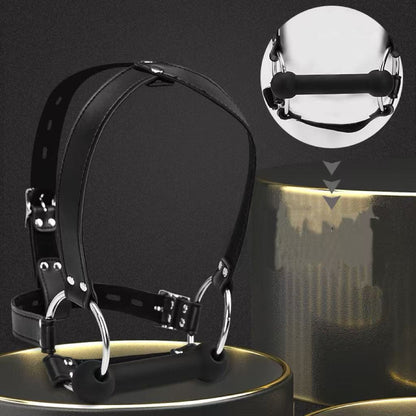 Leather Head Harness with Lockable Straps and Dog Bone Mouth Gag, Heavy-Duty Restraint Set for Couples Intimacy & Role Play