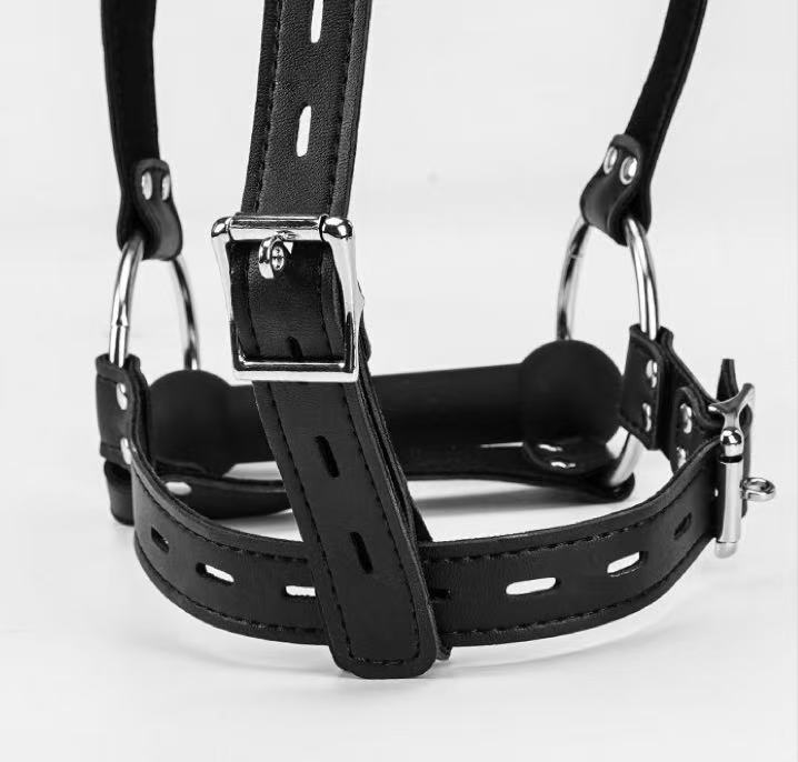 Leather Head Harness with Lockable Straps and Dog Bone Mouth Gag, Heavy-Duty Restraint Set for Couples Intimacy & Role Play
