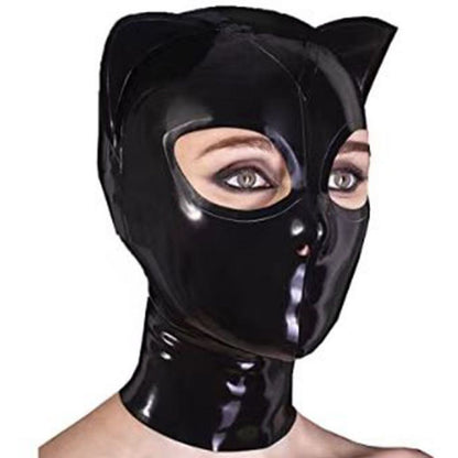 black latex hood with 3d cat ears and back zipper closure