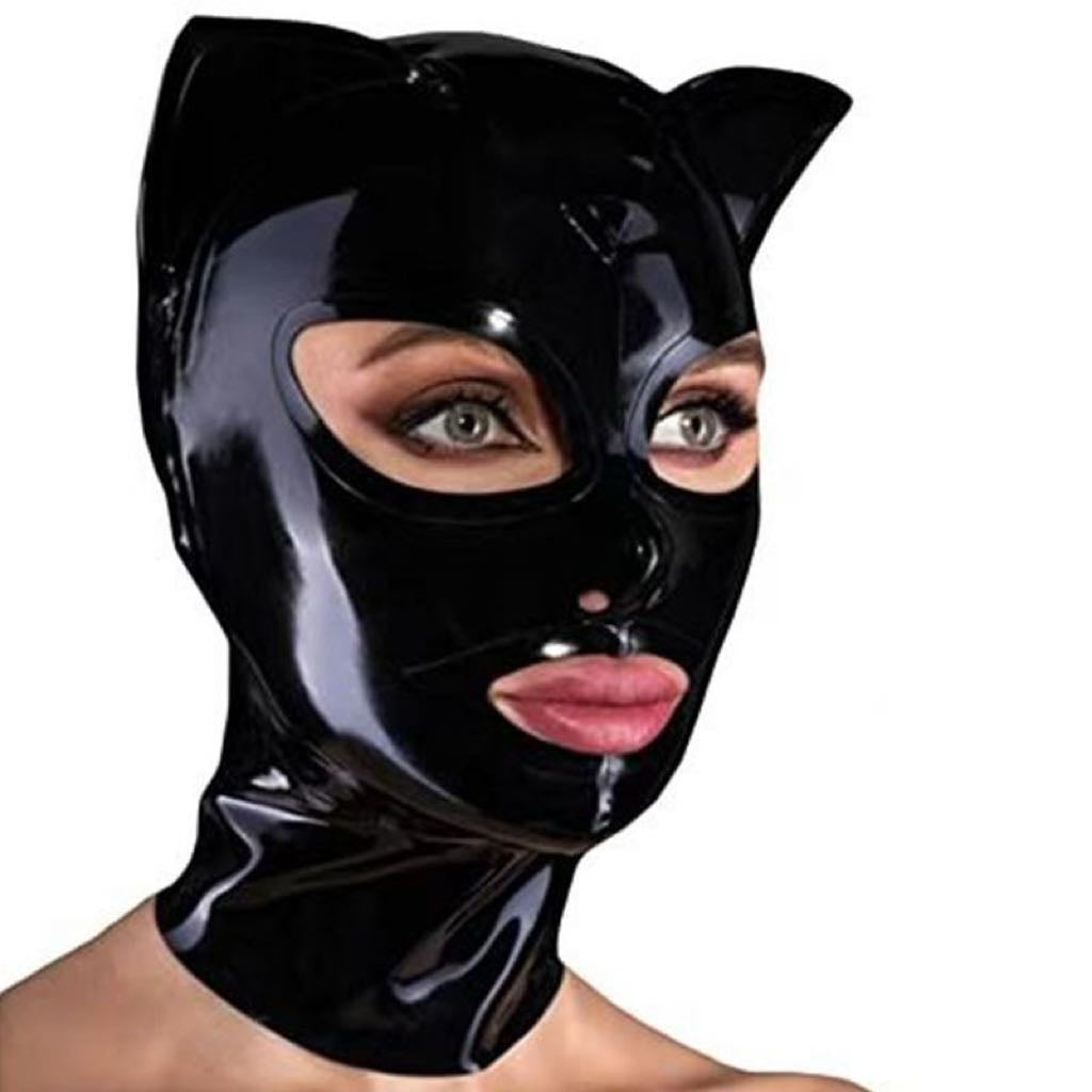 black latex hood with 3d cat ears and back zipper closure