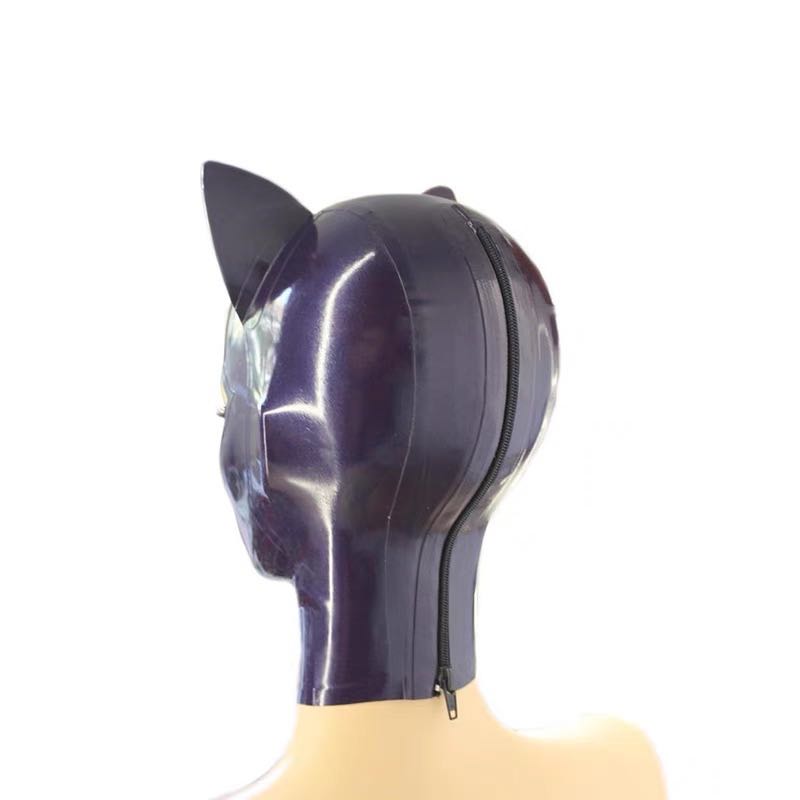 black latex hood with 3d cat ears and back zipper closure