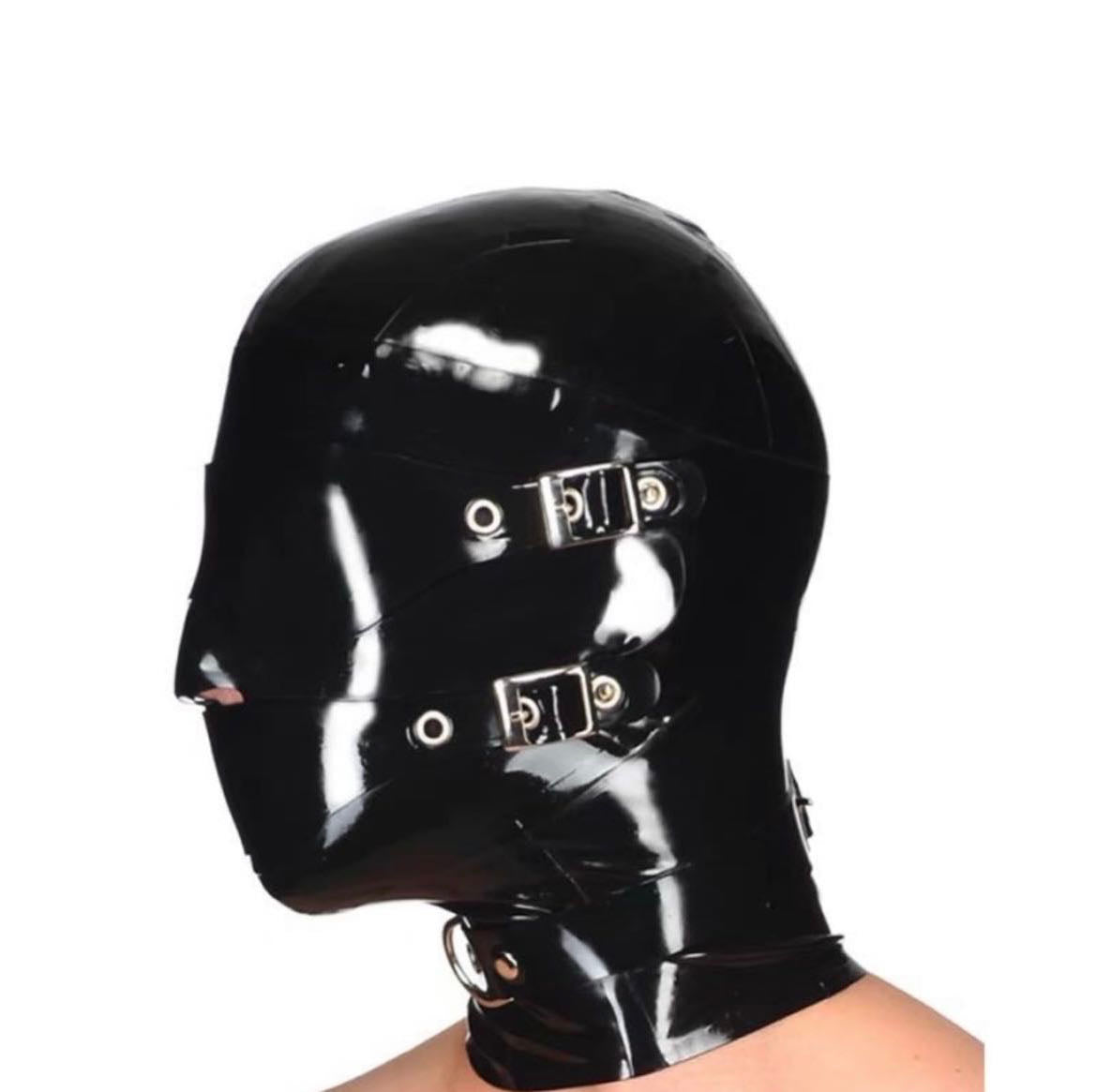 a black latex hood bondage