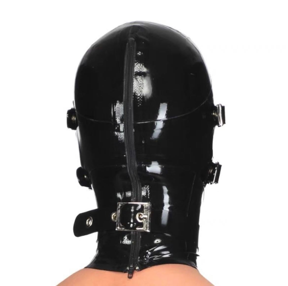 a black latex hood bondage