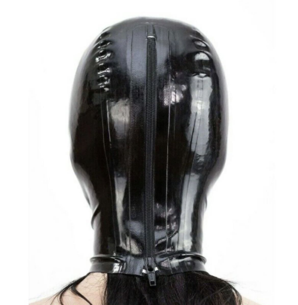 a black latex hood bondage