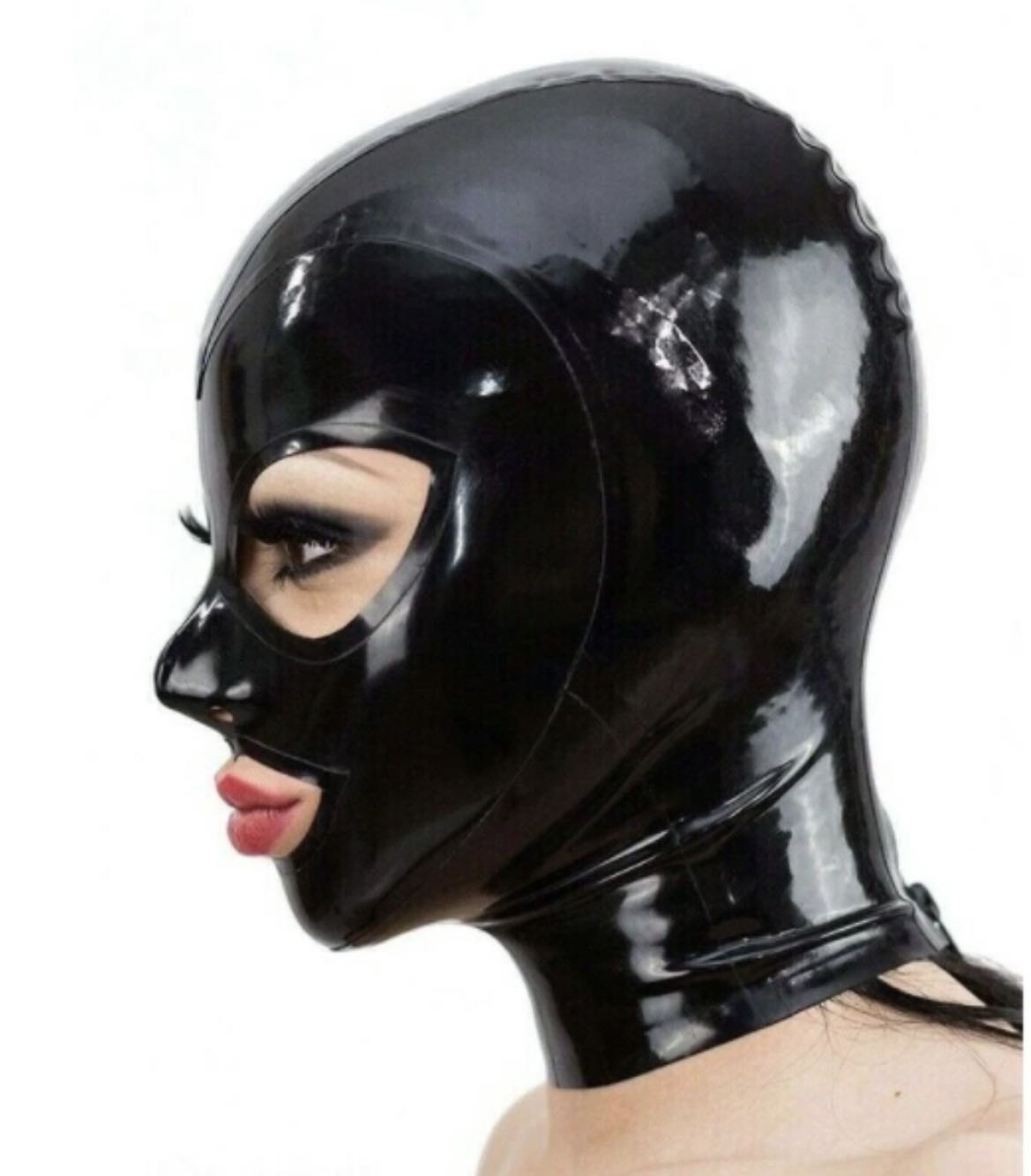 a black latex hood bondage