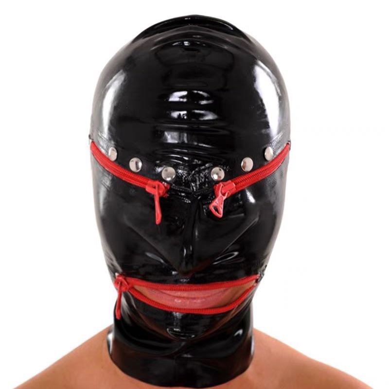 a latex hood mask with zipper eyes and mouth