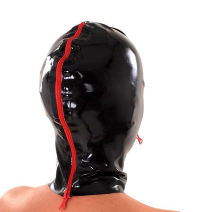 a latex hood mask with zipper eyes and mouth