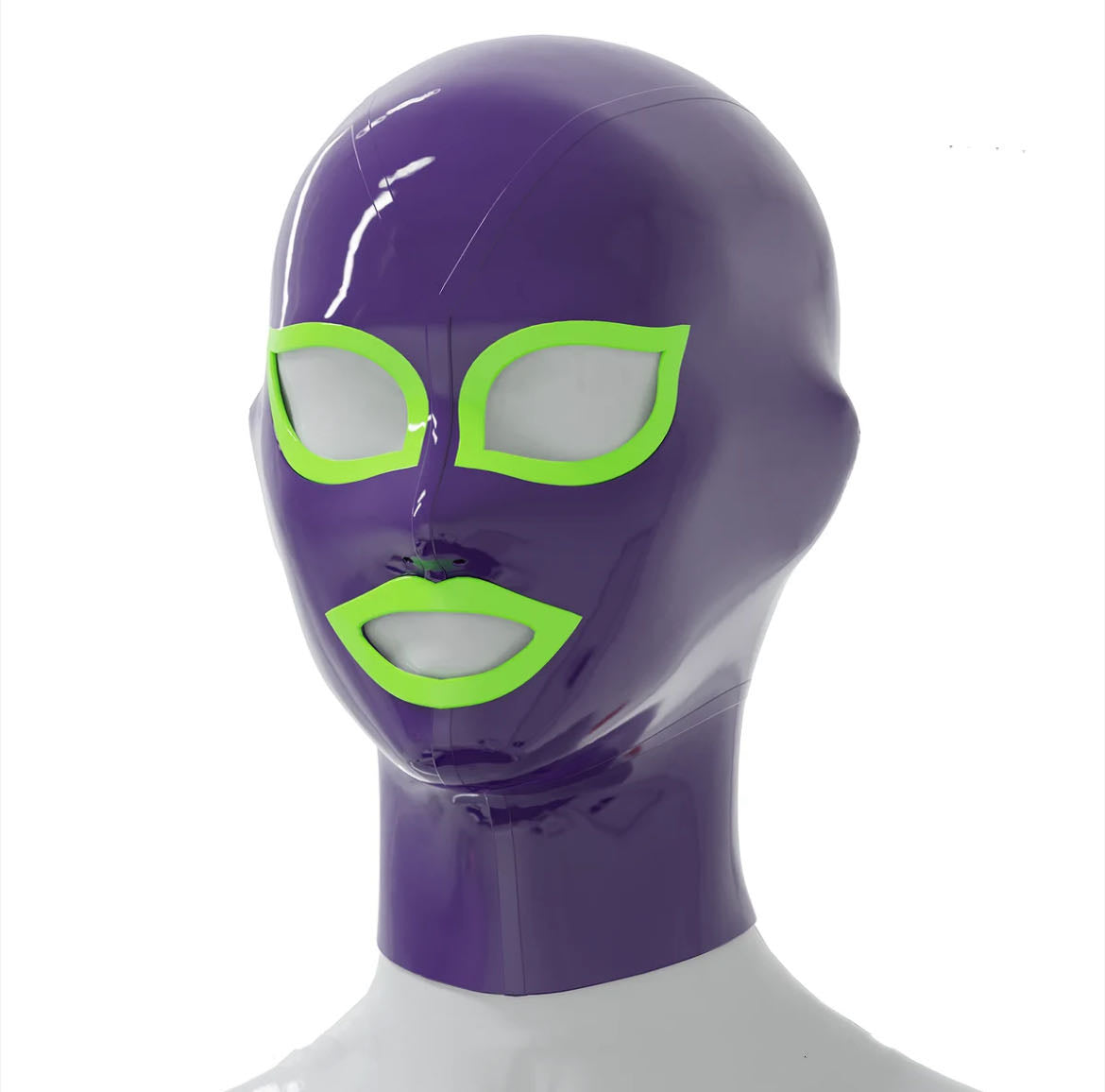 a purple latex bondage hood