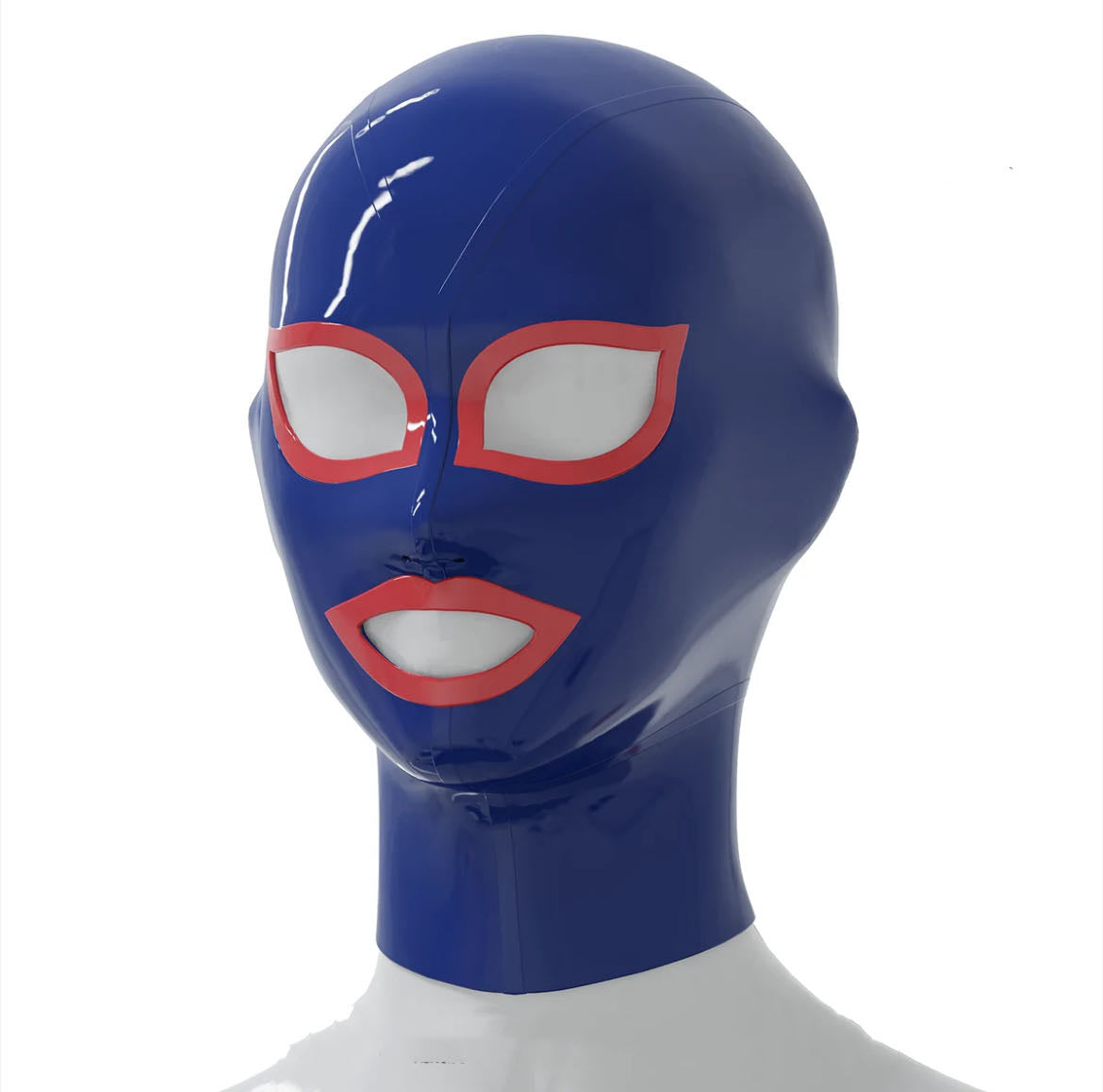 a blue latex bondage hood