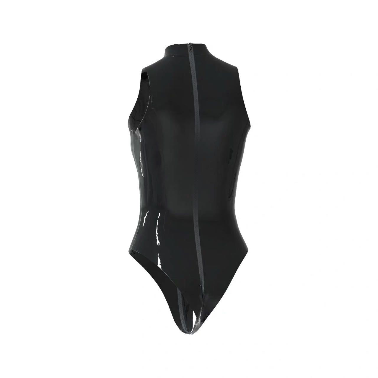 a sleeveless latex bodysuit