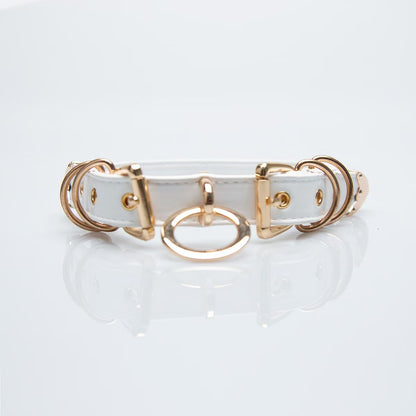 white faux leather o ring collar choker with polished gold alloy buckles on model neck front view