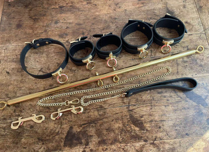 Genuine Leather Spreader Bar & Cuff Set | Complete Wrist, Ankle, Collar & Hogtie Restraint Kit