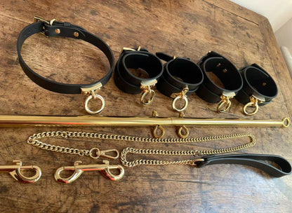 Genuine Leather Spreader Bar & Cuff Set | Complete Wrist, Ankle, Collar & Hogtie Restraint Kit