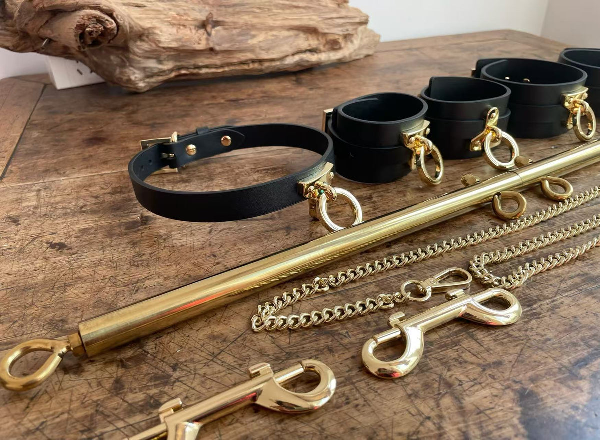 Genuine Leather Spreader Bar & Cuff Set | Complete Wrist, Ankle, Collar & Hogtie Restraint Kit