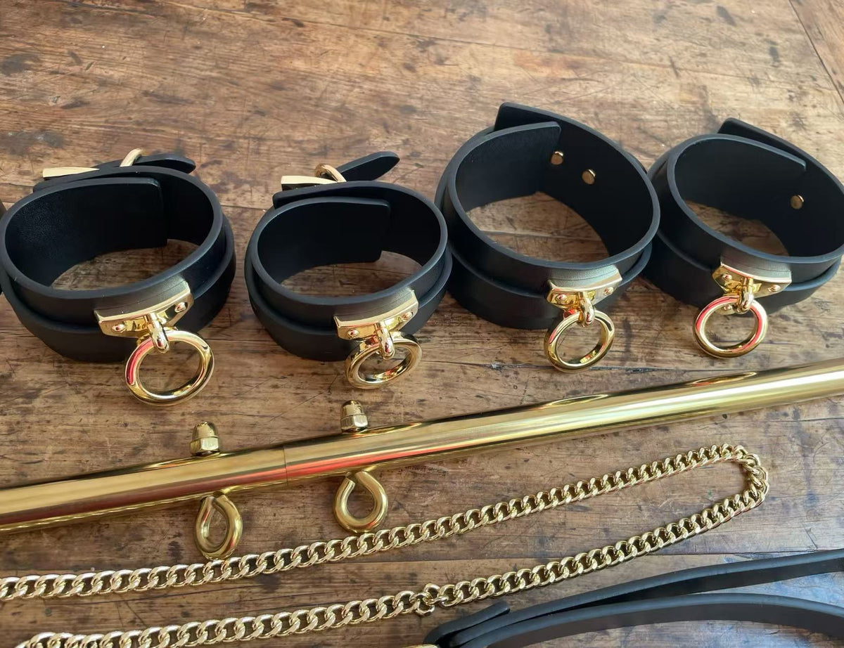 Genuine Leather Spreader Bar & Cuff Set | Complete Wrist, Ankle, Collar & Hogtie Restraint Kit