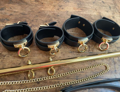 Genuine Leather Spreader Bar & Cuff Set | Complete Wrist, Ankle, Collar & Hogtie Restraint Kit