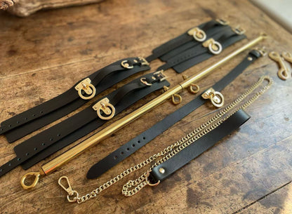 Genuine Leather Spreader Bar & Cuff Set | Complete Wrist, Ankle, Collar & Hogtie Restraint Kit
