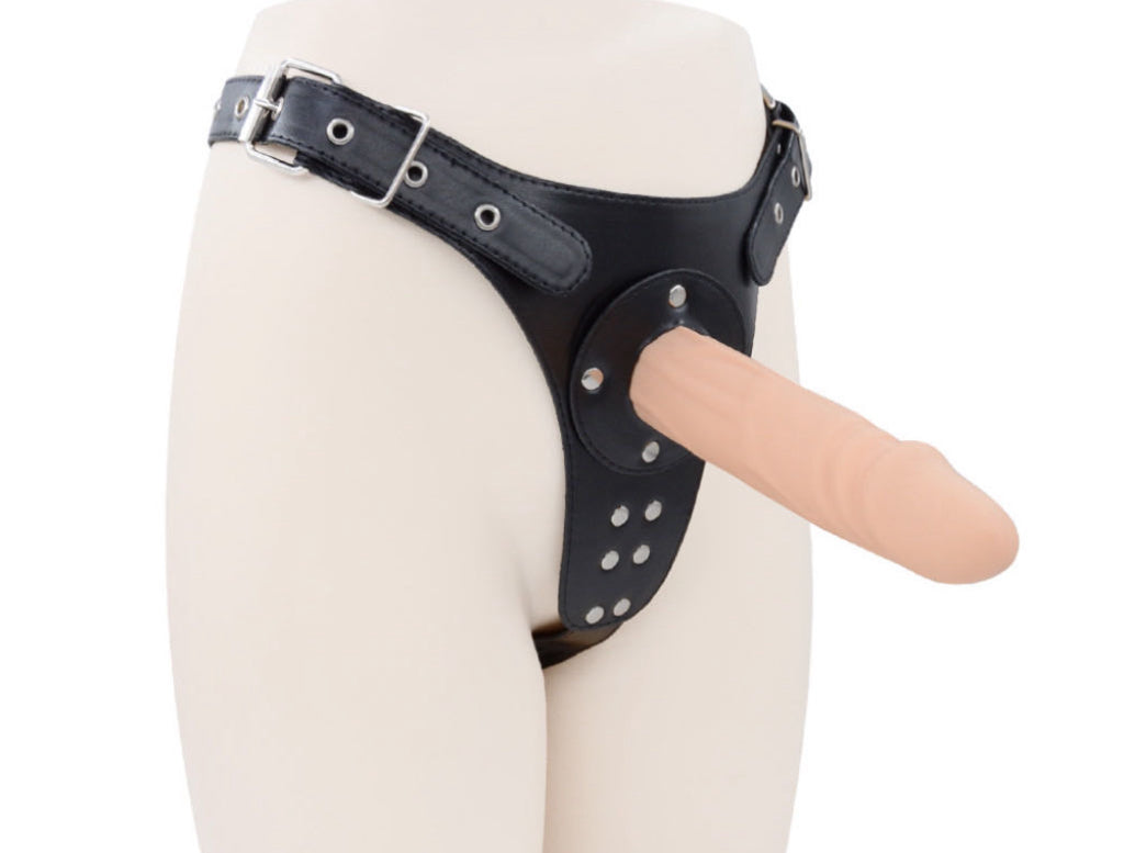 a black Leather Corset Harness with flesh dildo