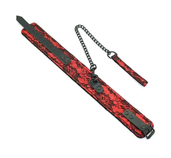 a red lace bondage collar and leash