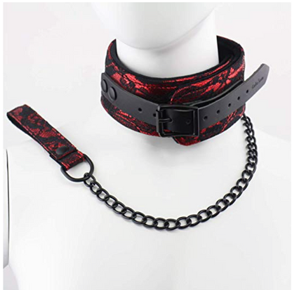 a red lace bondage collar and leash