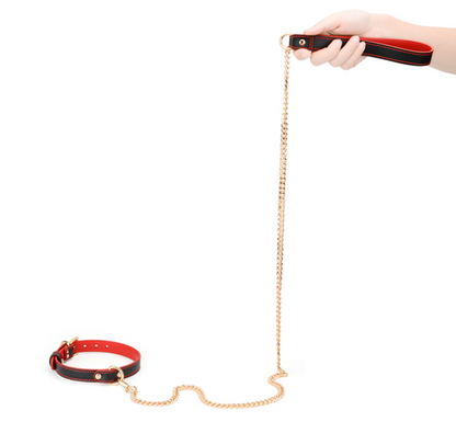 a black and red bdsm collar and leash set