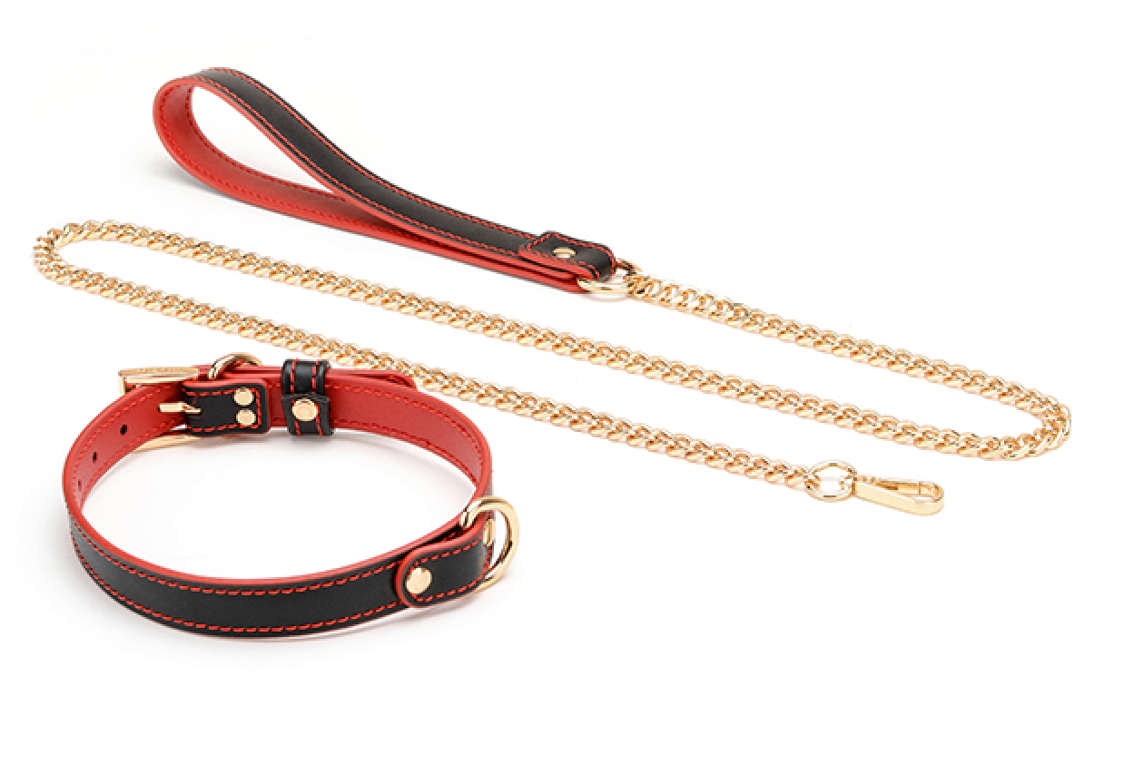 a black and red bdsm collar and leash set