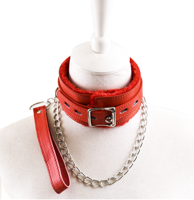 a red bdsm collar and leash set