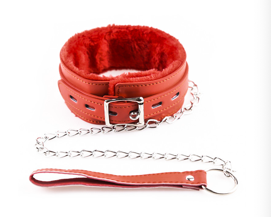 a red bdsm collar and leash set