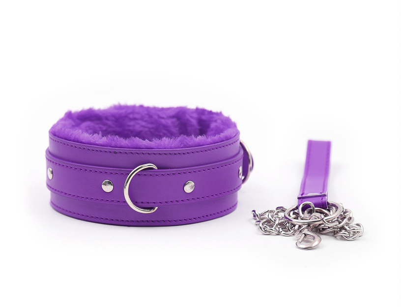 a purple leather bondage collar and leash set