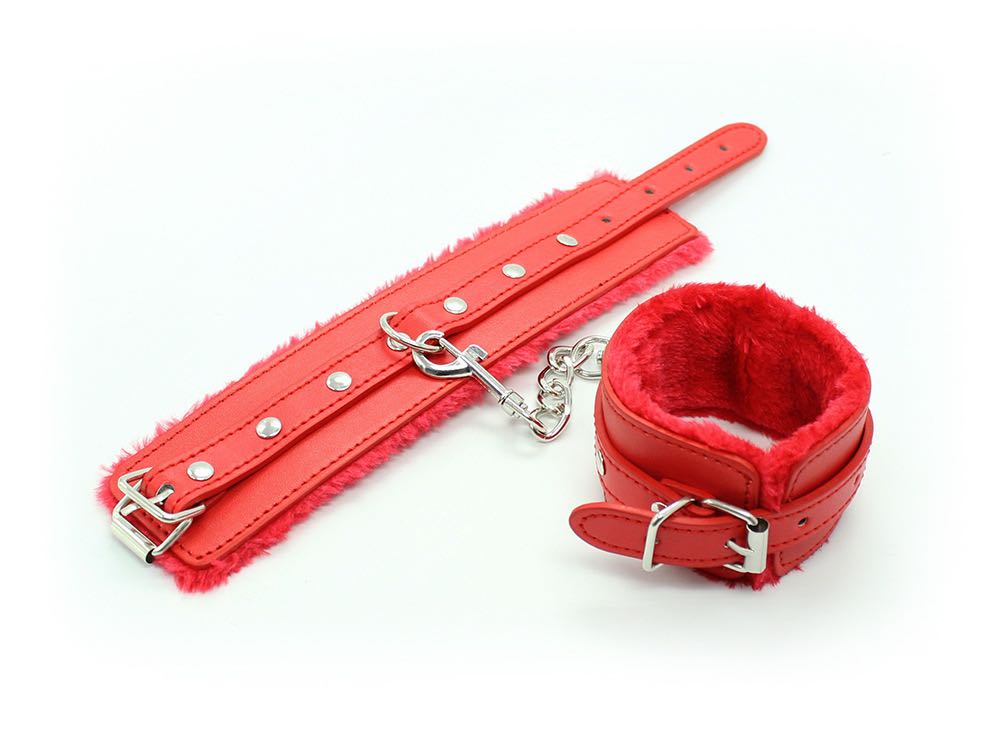 a red furry handcuffs