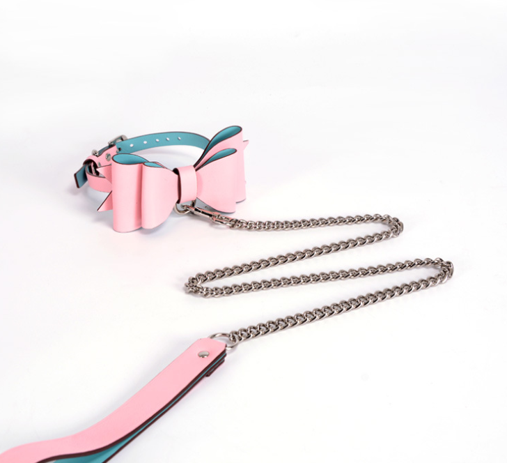 a pink leather collar and leash set